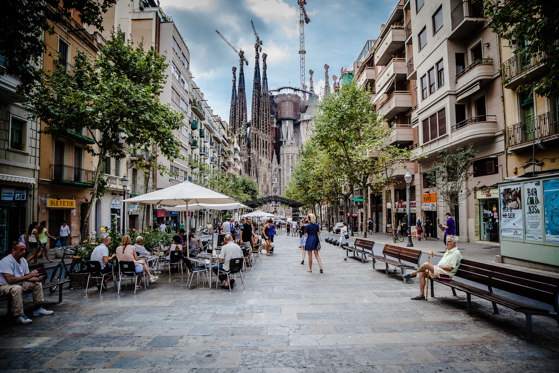Famous Basilica y Templo Expiatorio de la Sagrada Familia at the end of Avinguda Gaudi