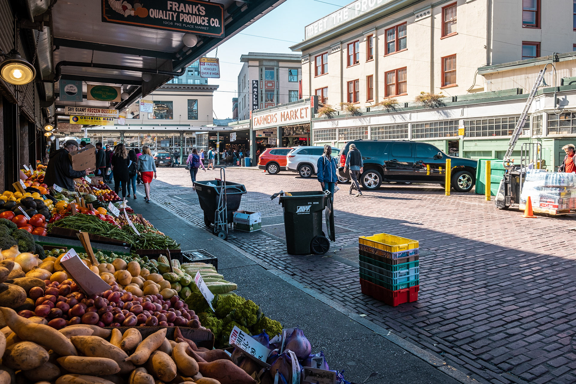 Fresh juicy and colorful fruits stand in pike place market, Seattle.