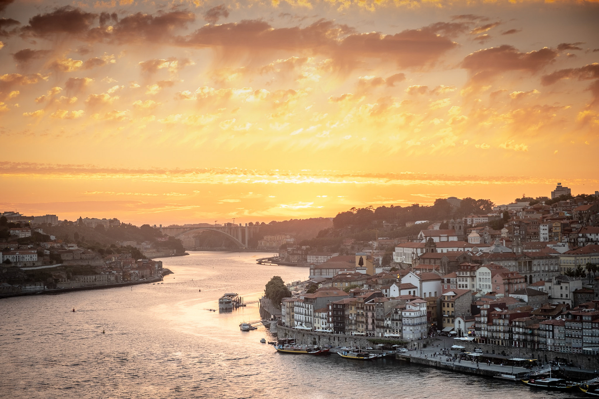 View of Porto at sunset from Garden of Morro, Porto, Portugal