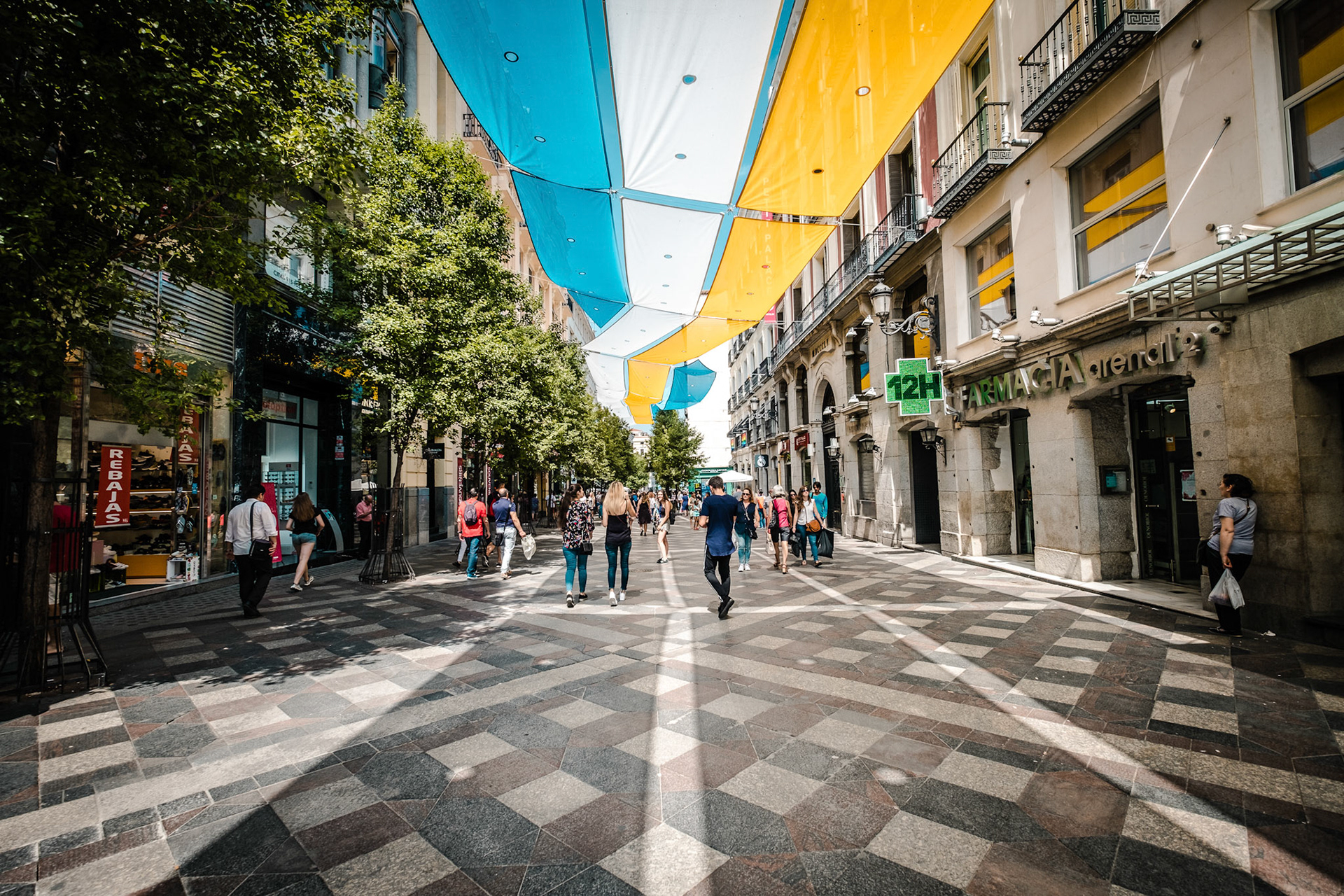 People doing their shopping. This is the most commercial street in Madrid