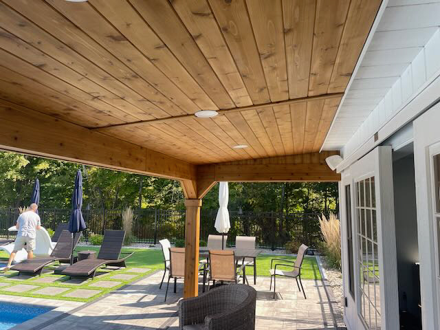 POOL HOUSE CEDAR COLUMN WRAPS, BEAM WRAPS, AND CEILING PANELS