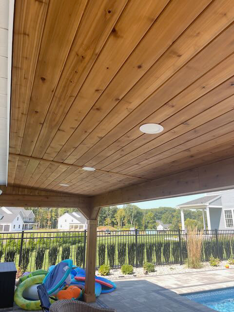 POOL HOUSE CEDAR COLUMN WRAPS, BEAM WRAPS, AND CEILING PANELS