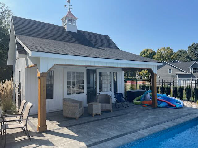 POOL HOUSE CEDAR COLUMN WRAPS, BEAM WRAPS, AND CEILING PANELS