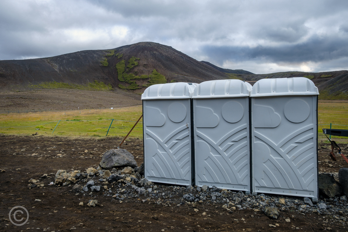 Portable toilets for visitors hiking to the eruption of the Meradalir Volcano, Iceland, 2022