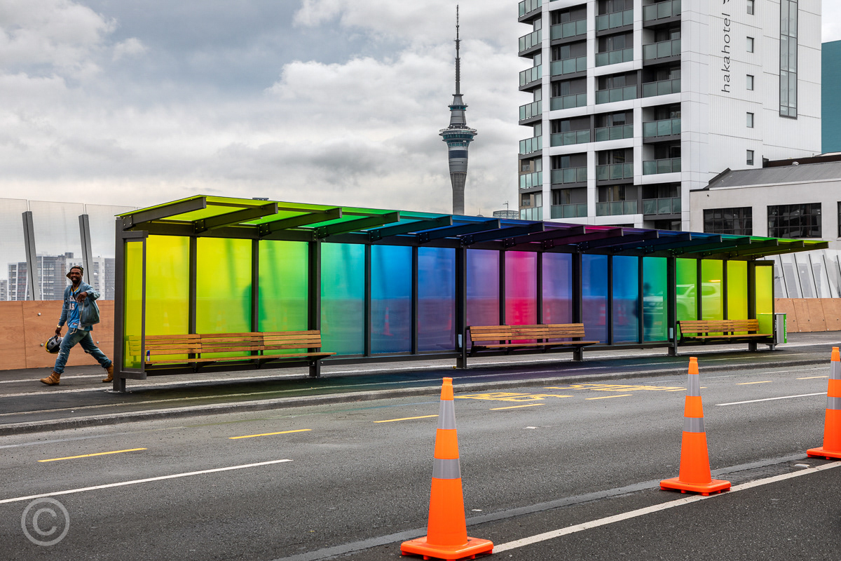 A bus stop in Karangahape Road, Auckland, New Zealand