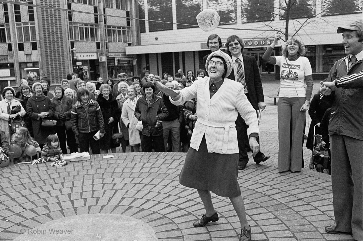 Pancake tossing competition, John Frost Square, Newport, 1979