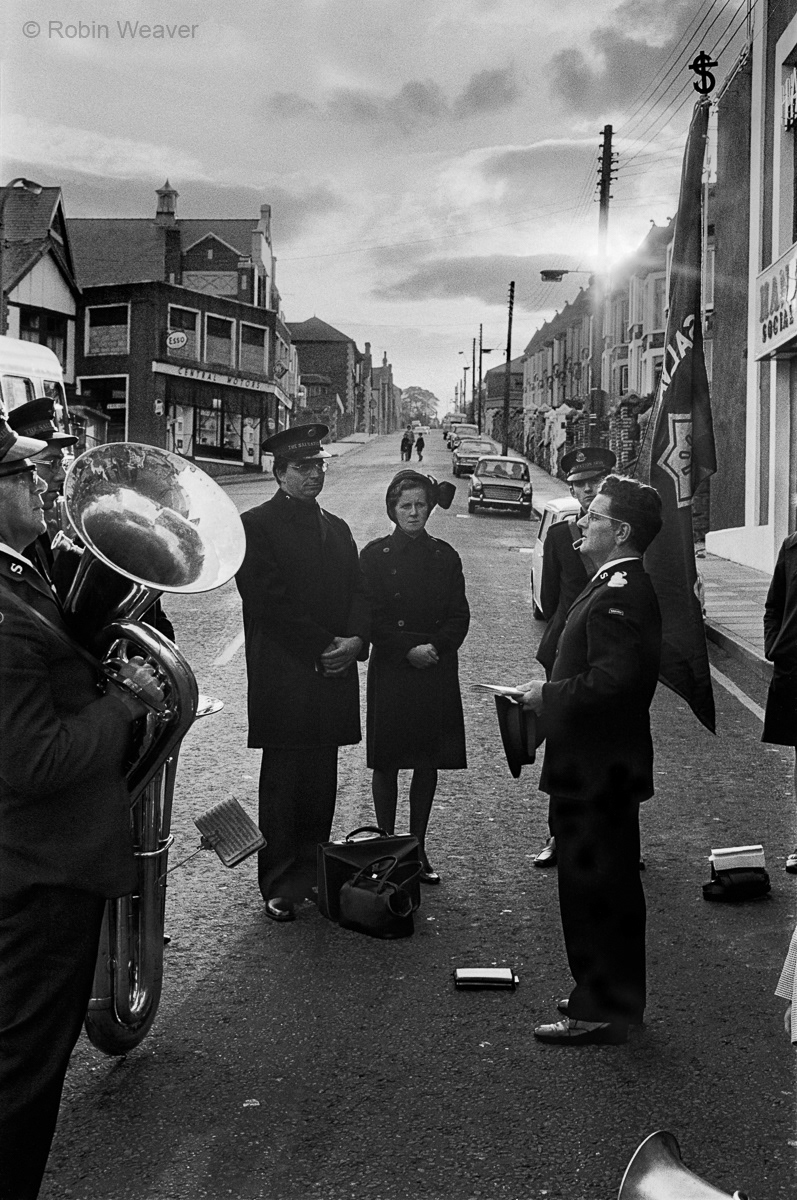 Salvation Army band holding Sunday evening service in Hanbury Square, Bargoed, 1975