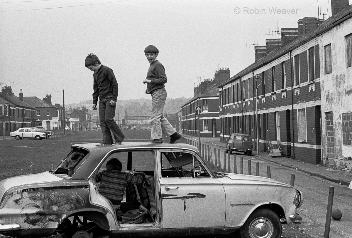 Boys on an abandoned car, Newport, South Wales, 1974