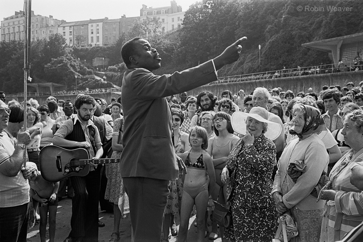 Preacher at Tenby beach, 1978