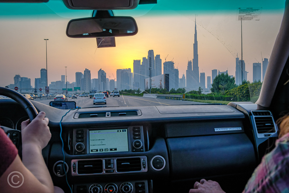 Driving towards Downtown and the Burj Khalifa