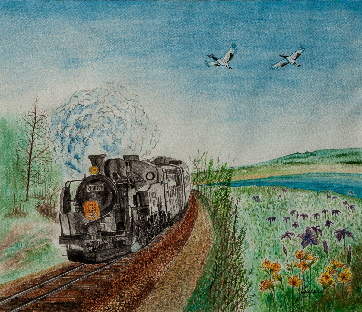 菅野　七郎「蒸気機関車」F10 水彩 公募