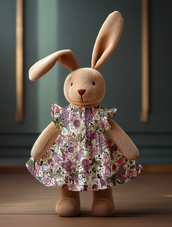 Rabbit soft toy wearing dress