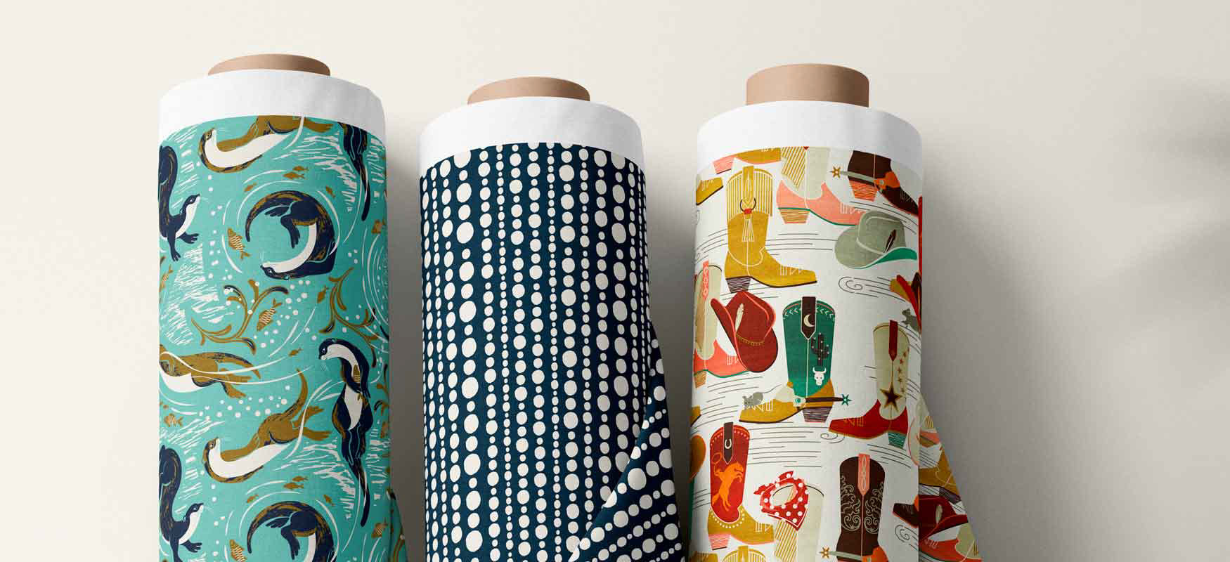 Rolls of fabric - Playful Otters, Pearl strings - Midnight and Cowboy boots