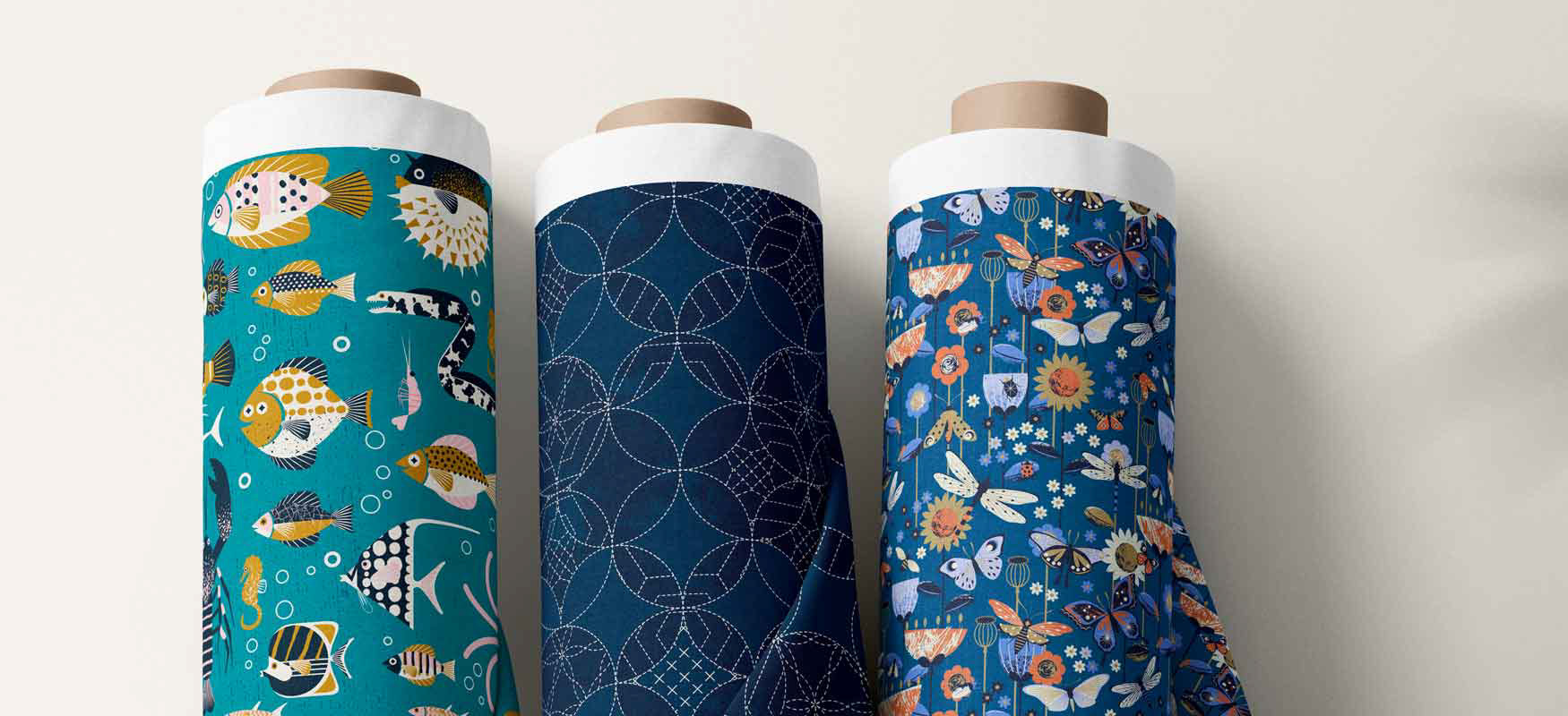 Rolls of fabric - Blue Lagoon, Sashiko Patchwork - l, Retro Insects