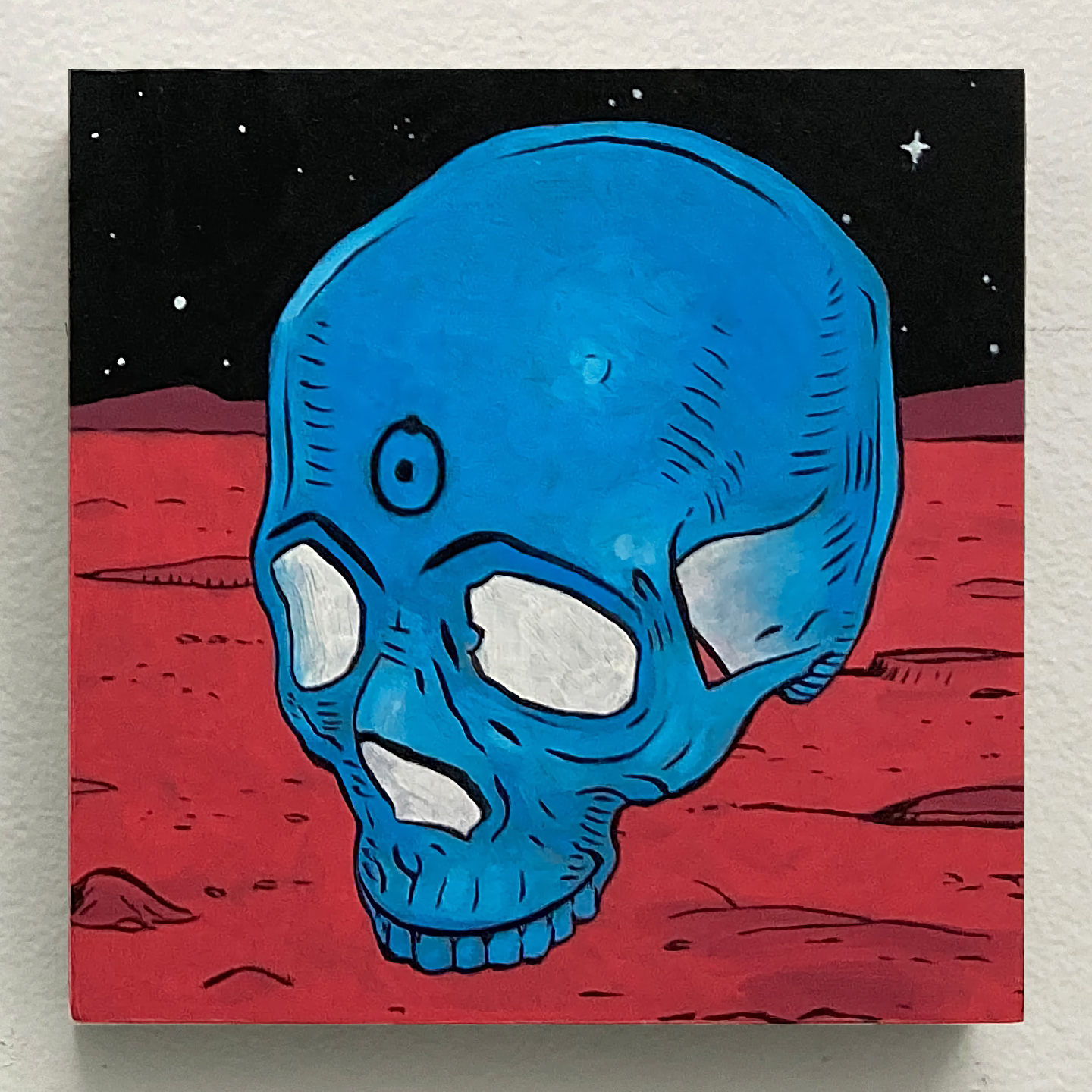 'Dr. Manhattan Skull', oil on panel, 6 x 6 in., 2021. Private collection.