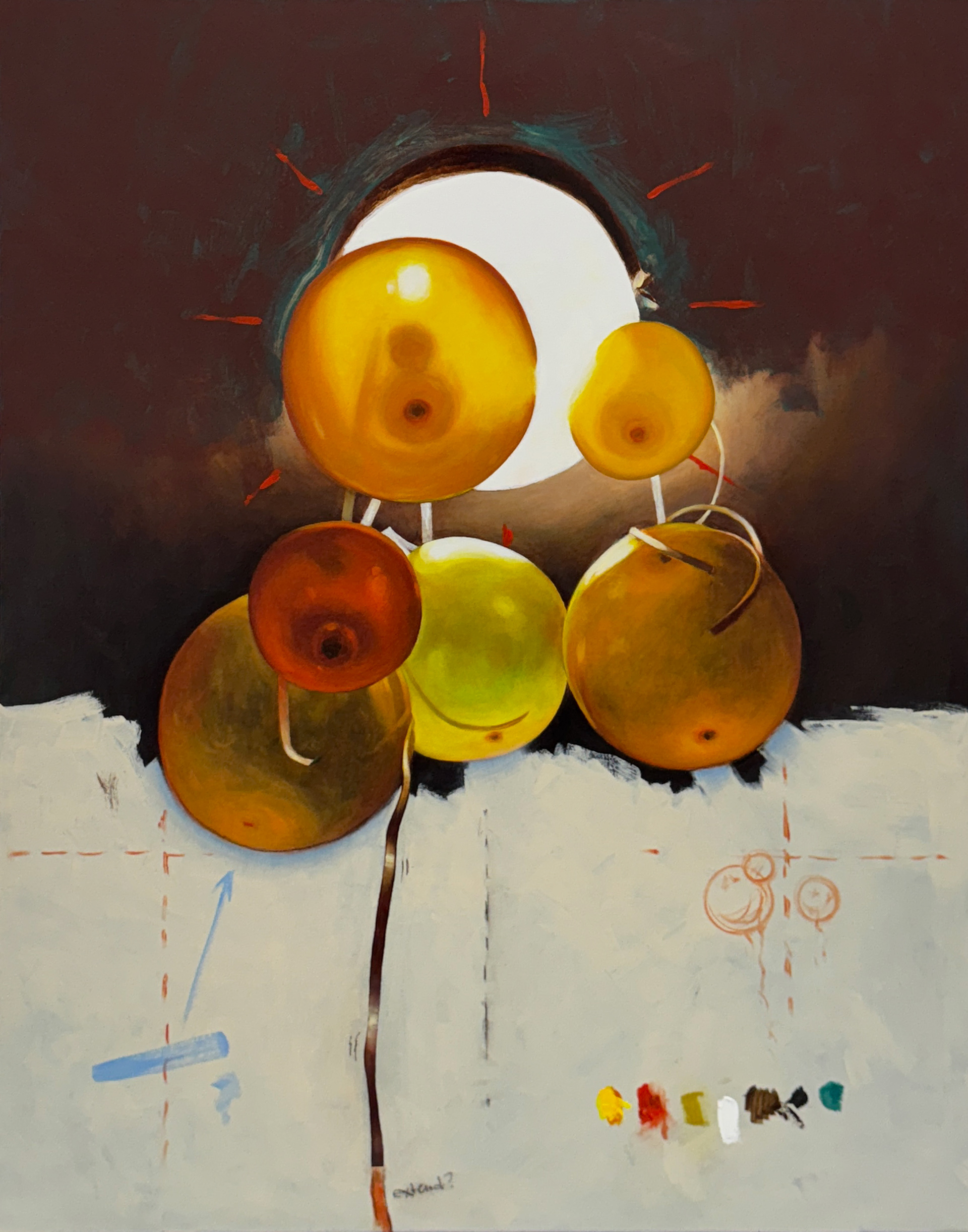 'Balloon Bouquet' oil on polycotton, 28 x 22 in., 2025