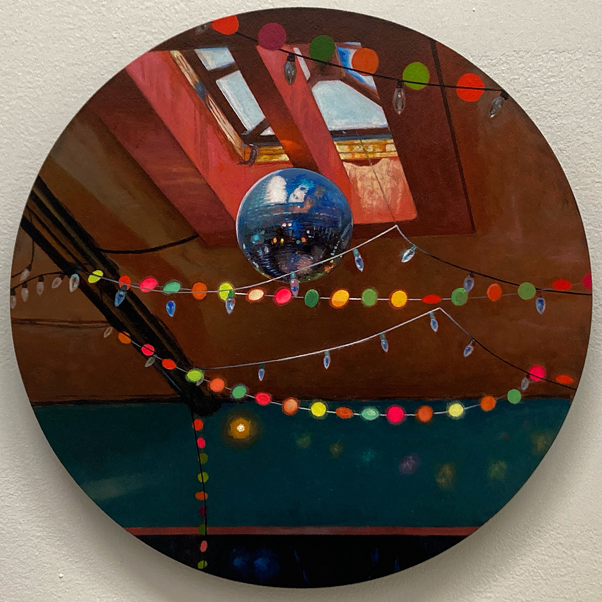 'Disco Light' oil on panel 20 in. diameter 2022. Private collection