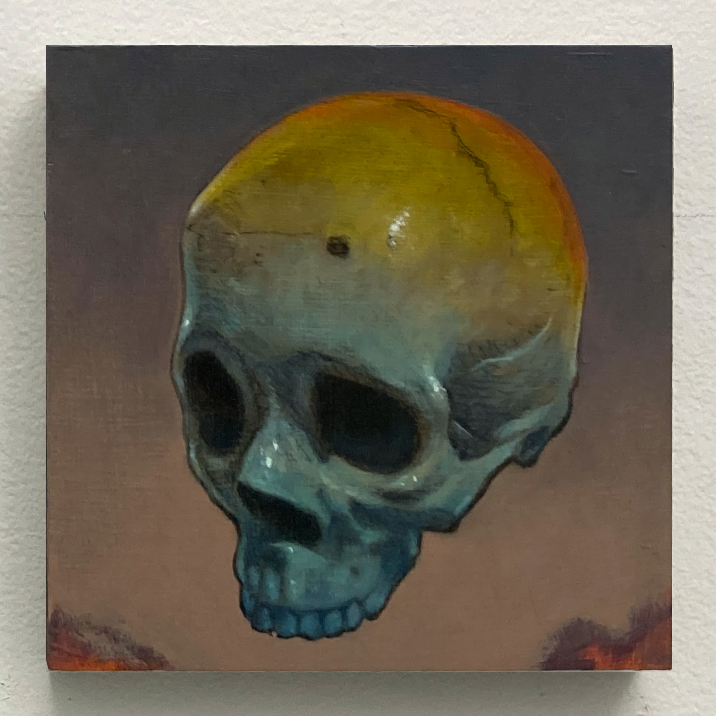 'Rainbow Skull', oil on panel, 6 x 6 in., 2021. Private collection.