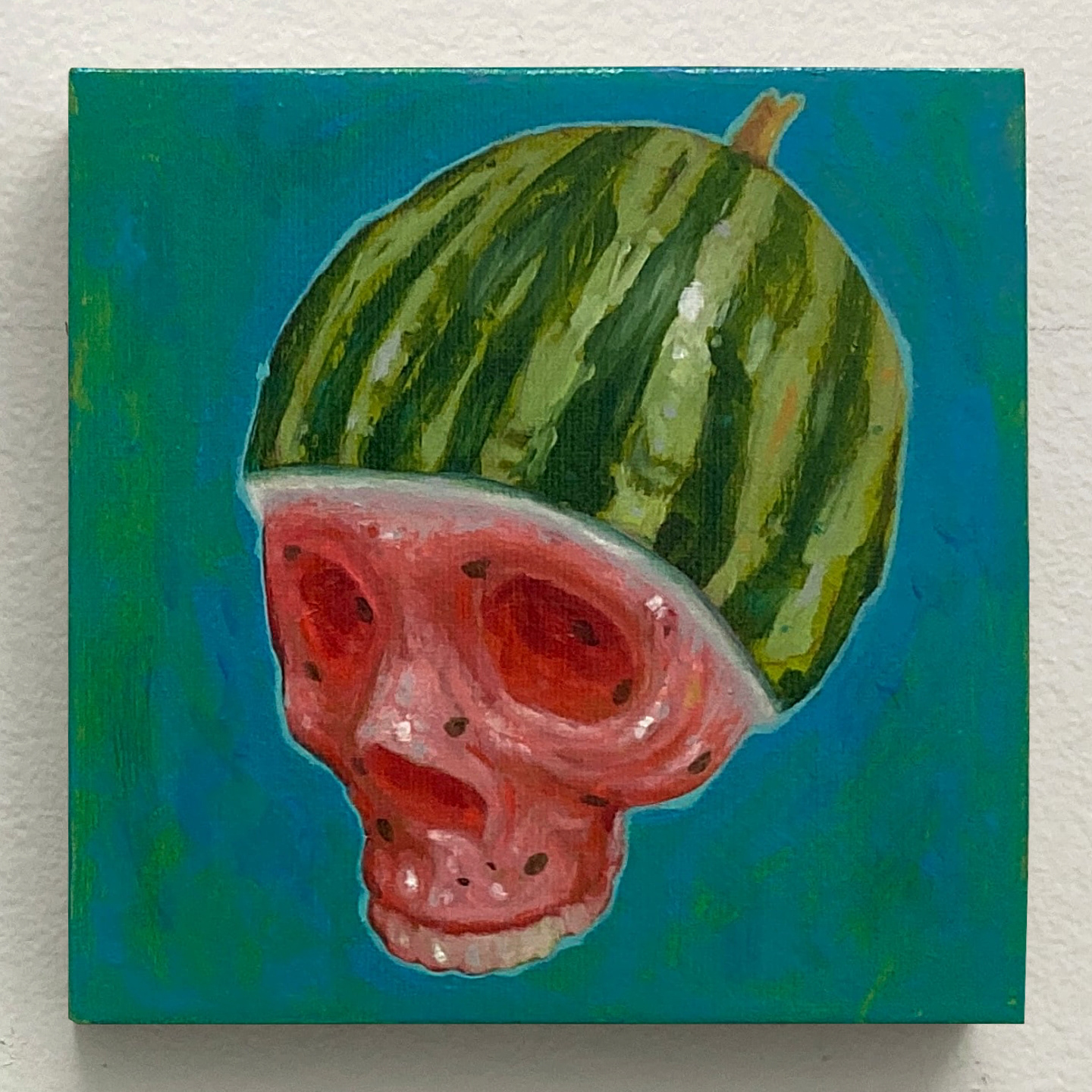 'Watermelon Skull', oil on panel, 6 x 6 in., 2022