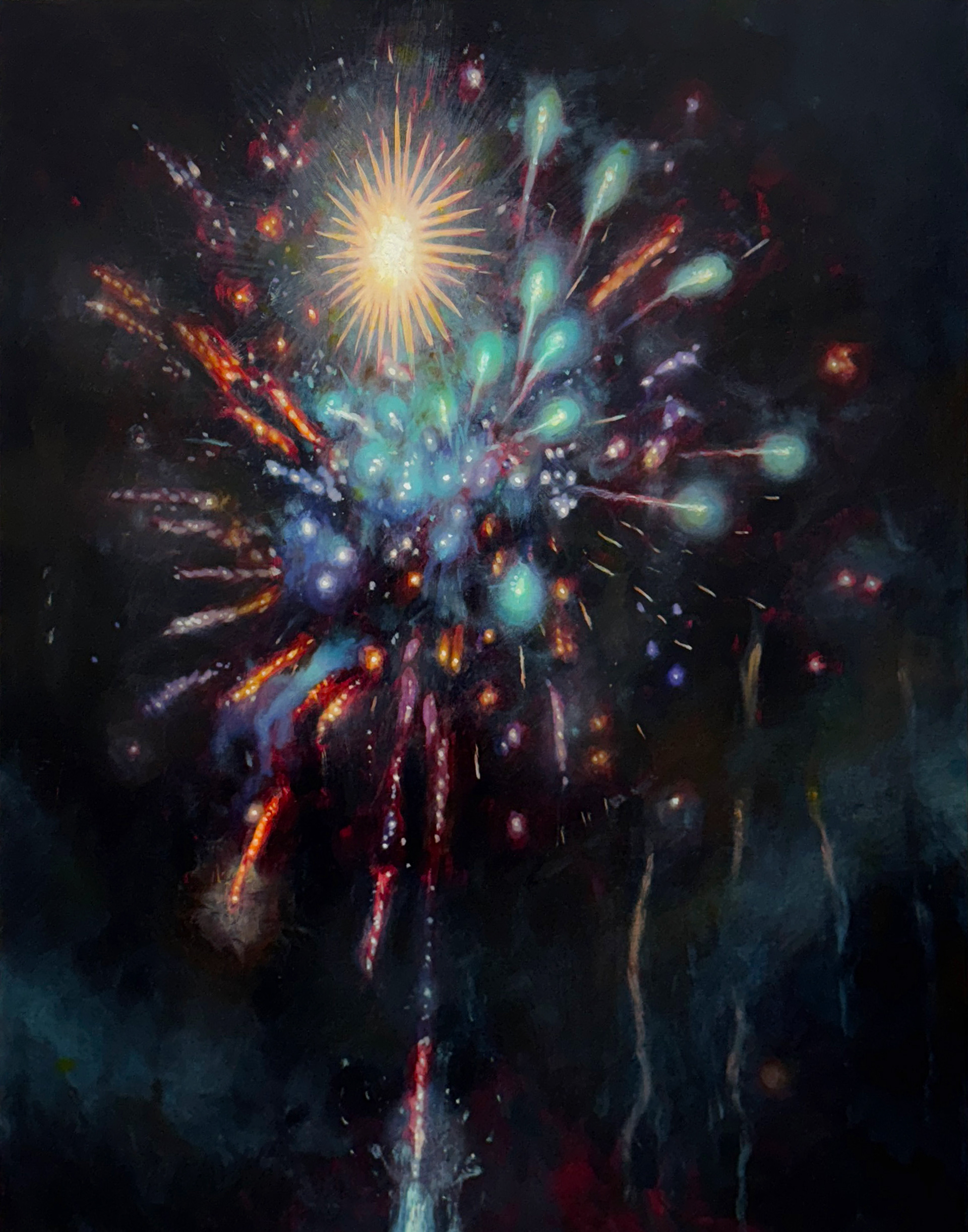 'Fireworks Bouquet' oil on polycotton, 28 x 22 in., 2025