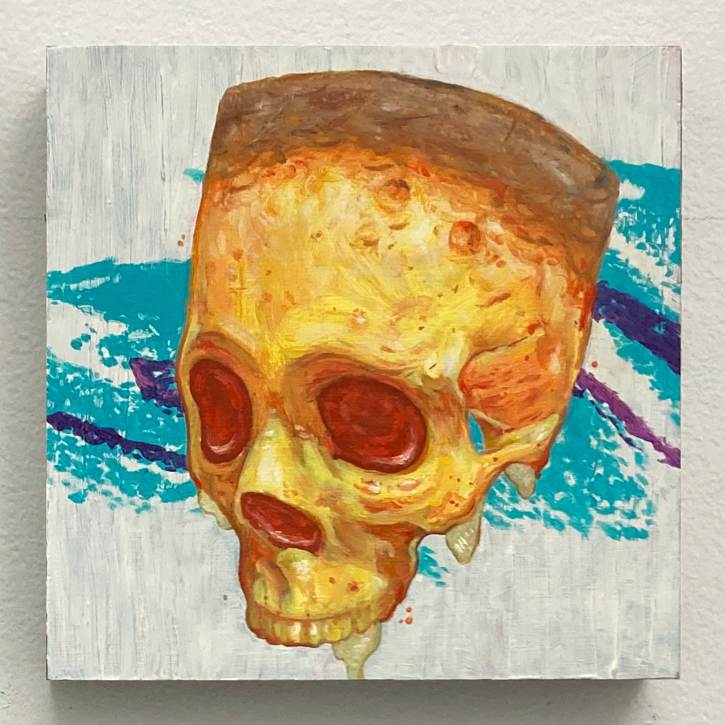 'Pizza Skull', oil on panel, 6 x 6 in., 2021. Private collection.