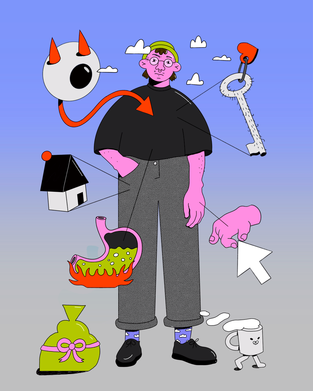 In this illustration there is a person in the middle with pink skin, a green beanie, short brown hair, a black shirt and grey pants standing with their left hand in their pant pocket. They are wearing black sleek shoes and blue socks with clouds on them. Lines connect different symbols to their body. One is a key with stubbly hair and a heart-keychain. Another connects to a hand holding a cursor. In the middle, a line connects to a stomach filled with green acid and fire. Right next to it, two lines connect to a house with a red dot. A coffee mug runs away steaming in the down right corner of the picture. In the upper left corner, a devilish figure points to the person in the middle with their red tail.