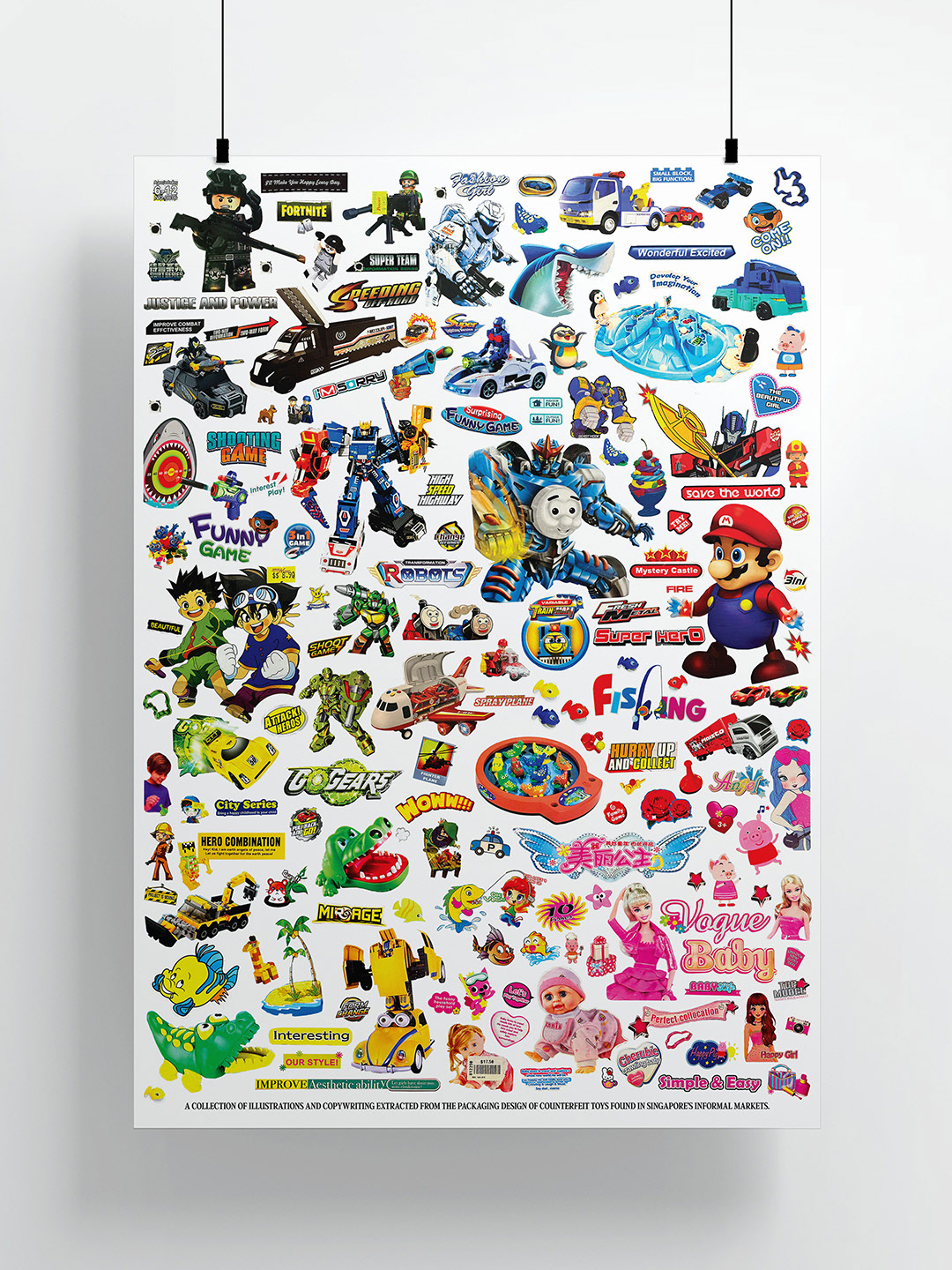 A1 Collage Poster of miscellaneous visuals and copy writing that were extracted from the counterfeit toys found in Singapore's Informal Markets.