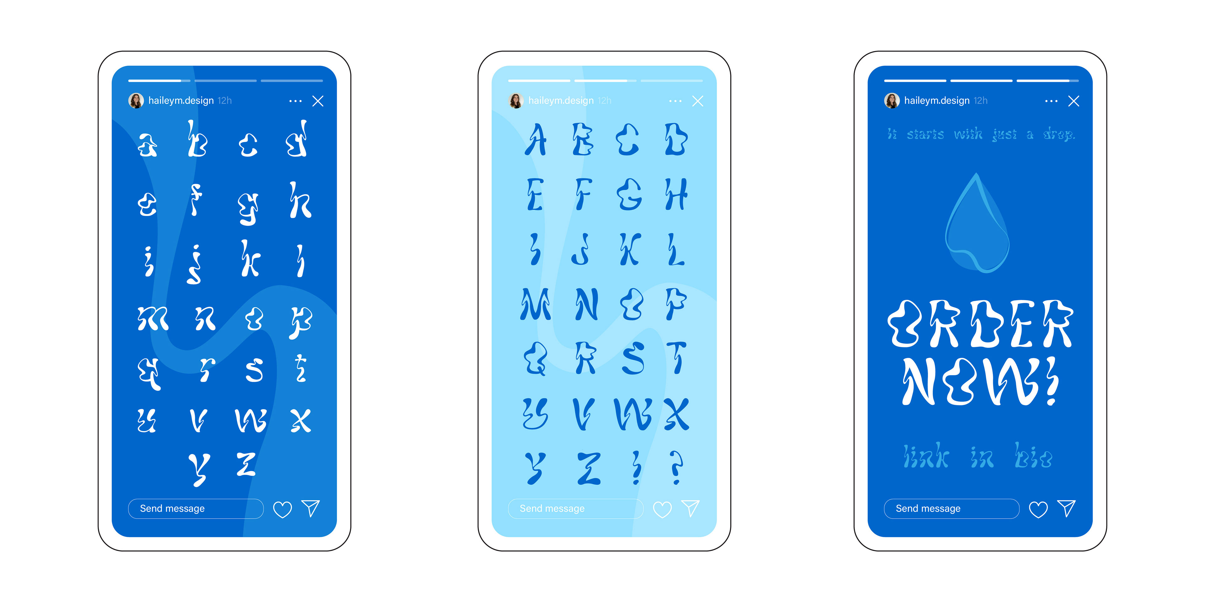 3 promotional instagram stories for Laguna showing upper and lower case alphabet and where to order the typeface