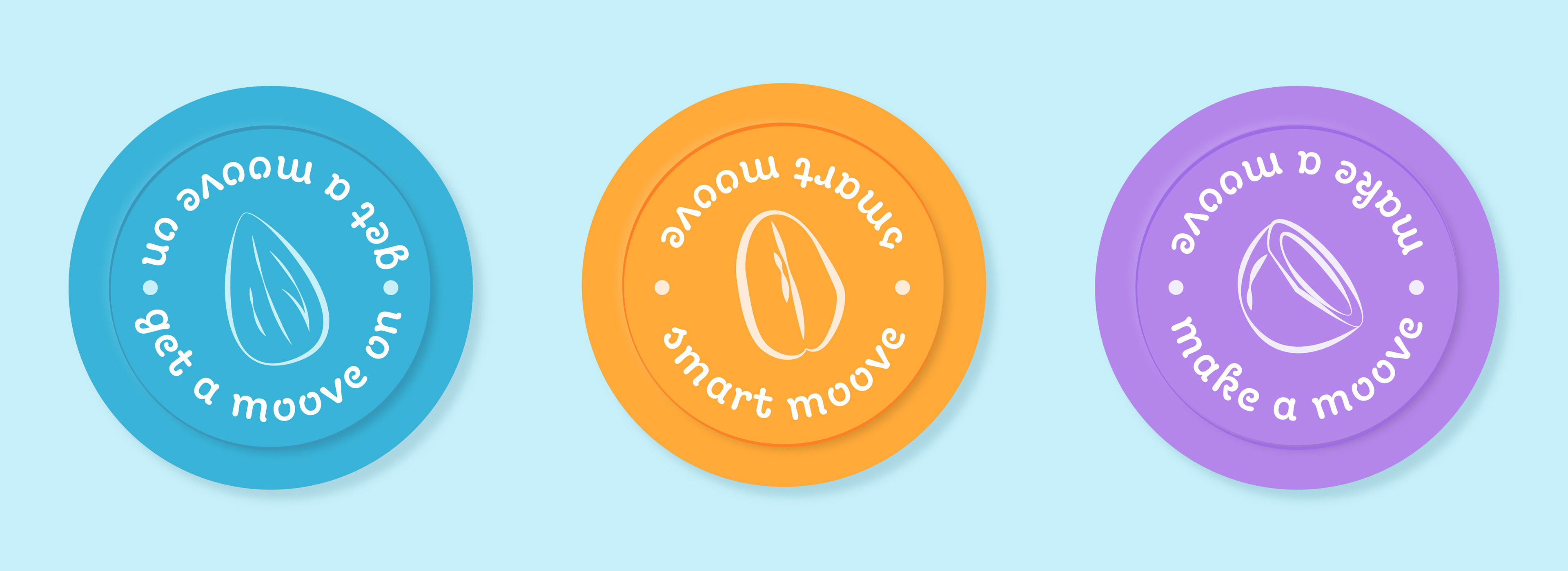 Three bottle caps with designs for each flavor. Almond, coconut, and oat.
