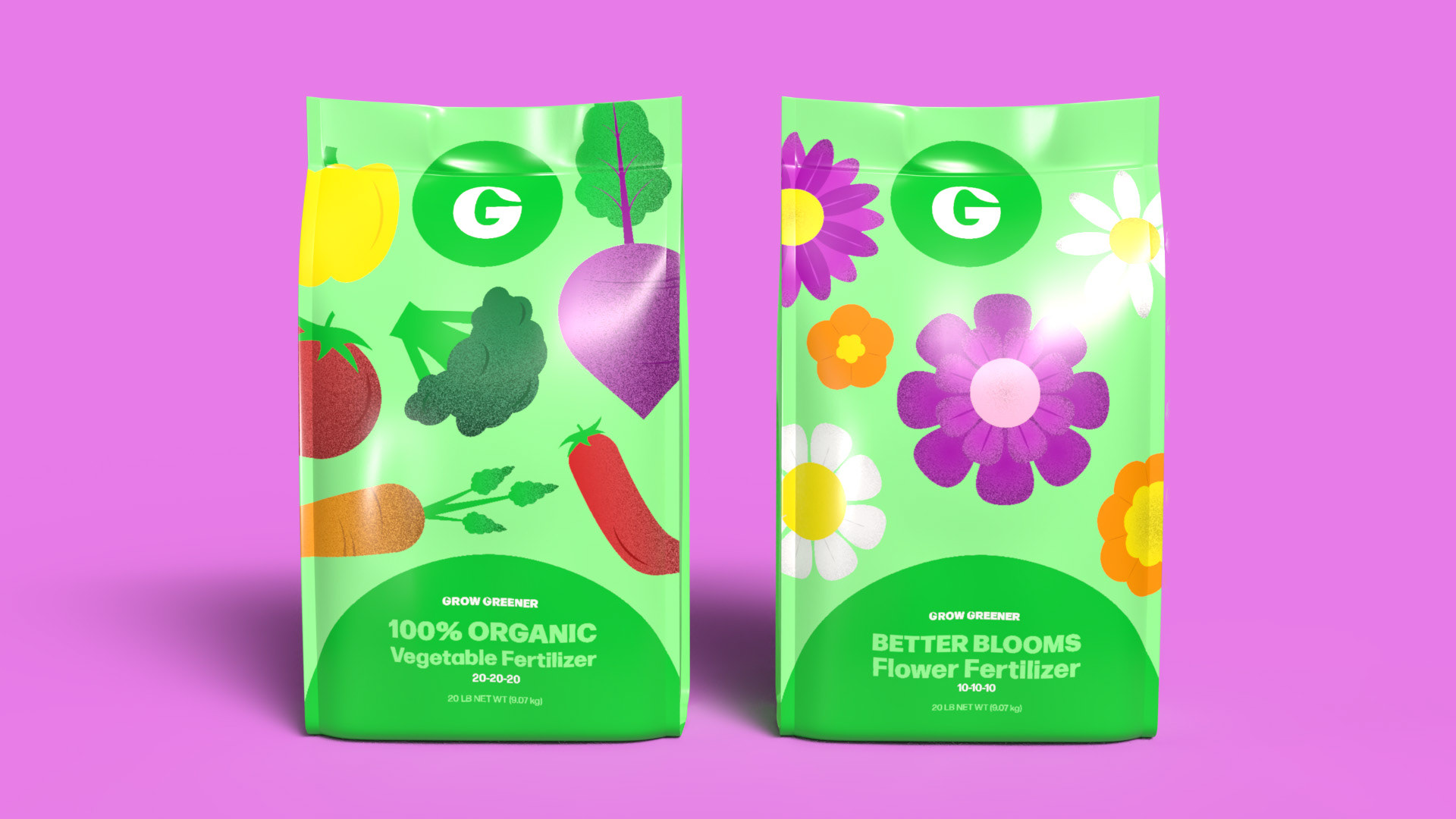 Front design of two fertilizer varieties, vegetable and flower.