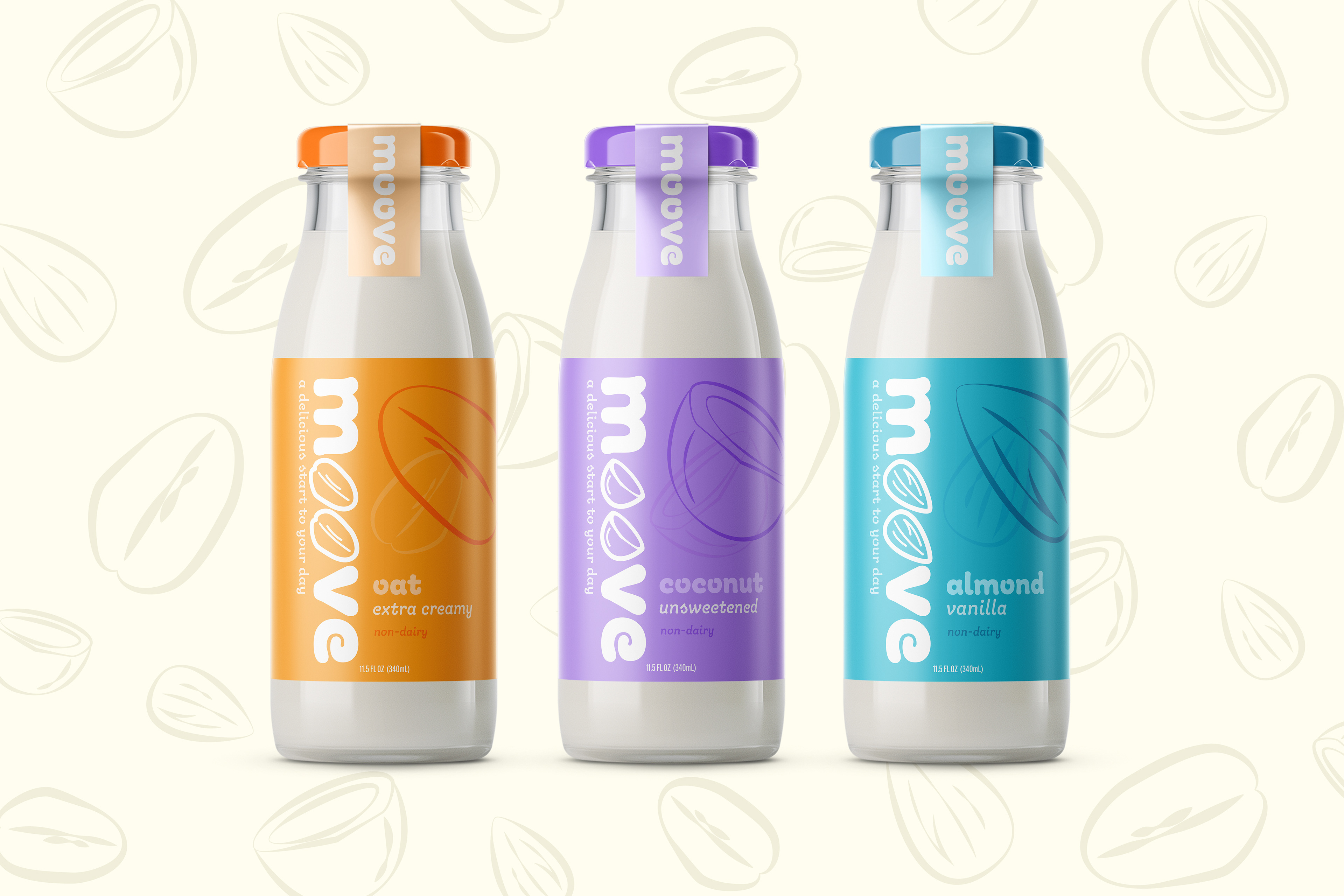 Three milk bottles on a patterned background
