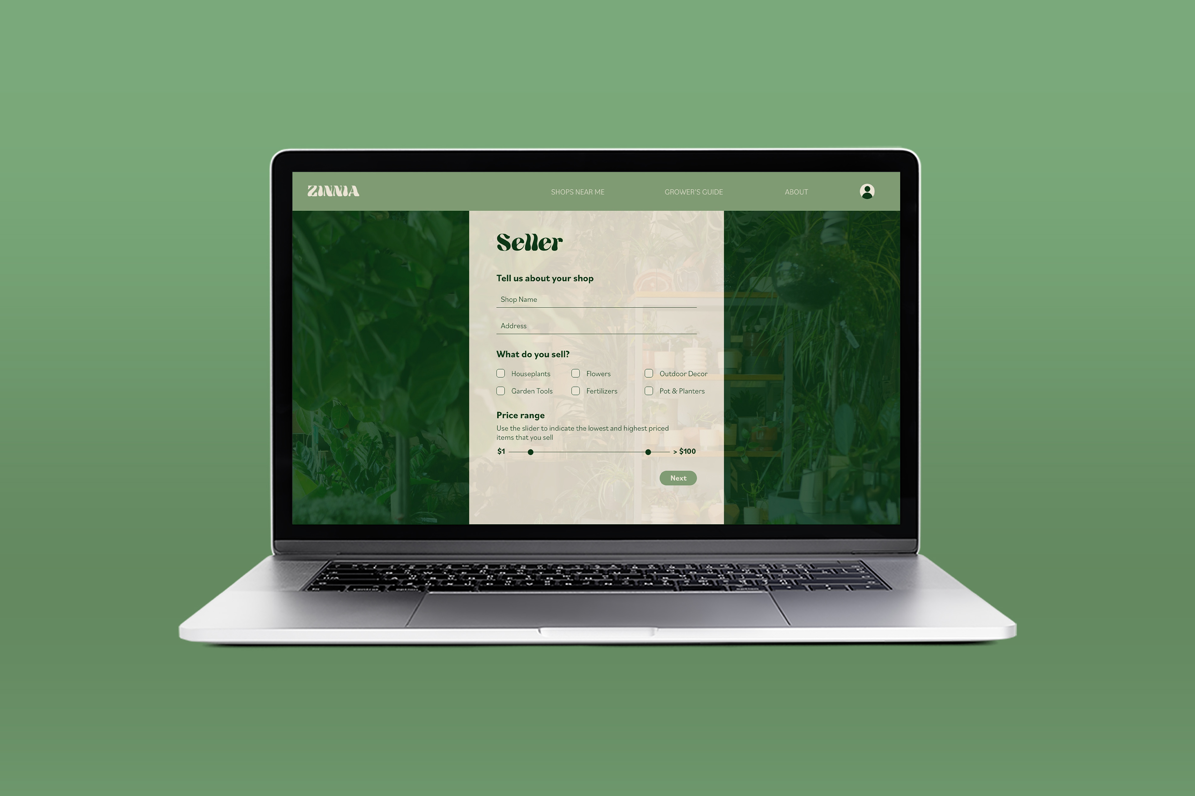 Seller sign-up screen