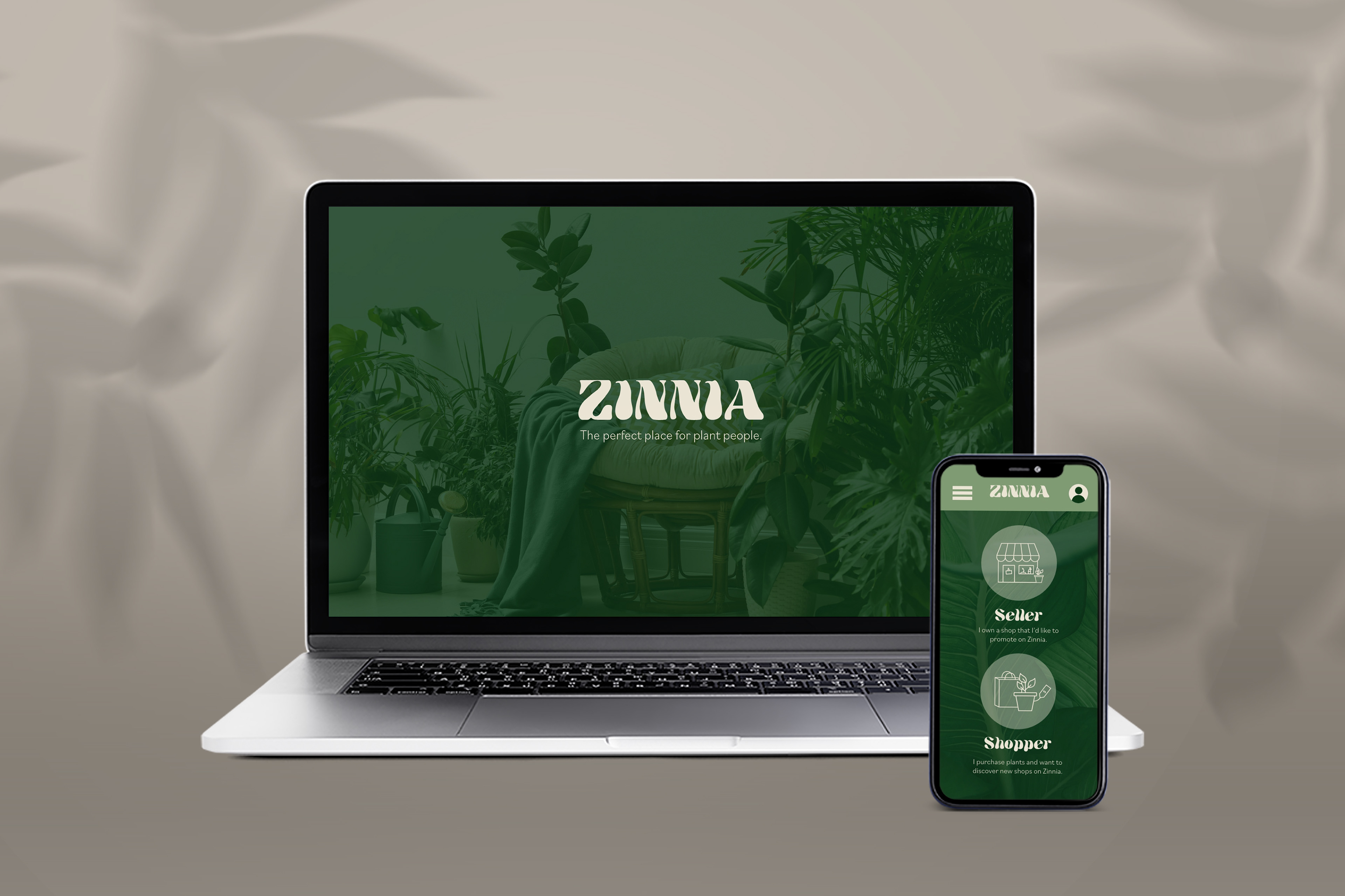 Zinnia homepage on laptop screen and shopper/seller sing up page on mobile
