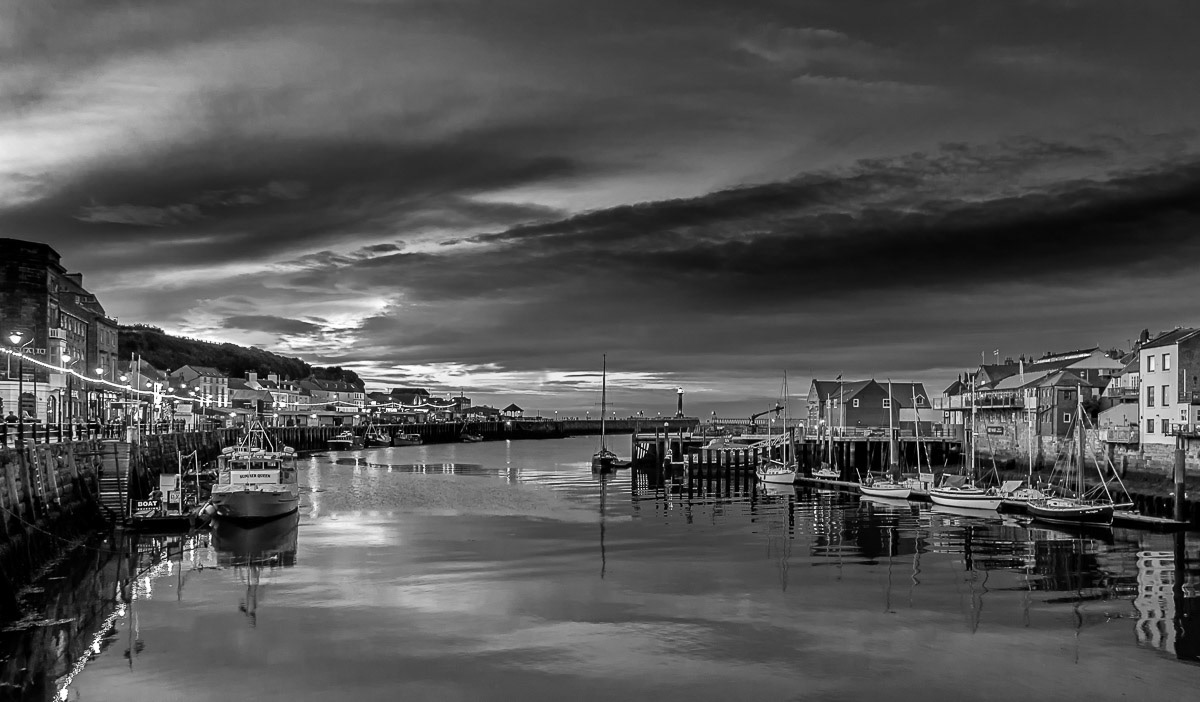 Whitby harbour at dusk