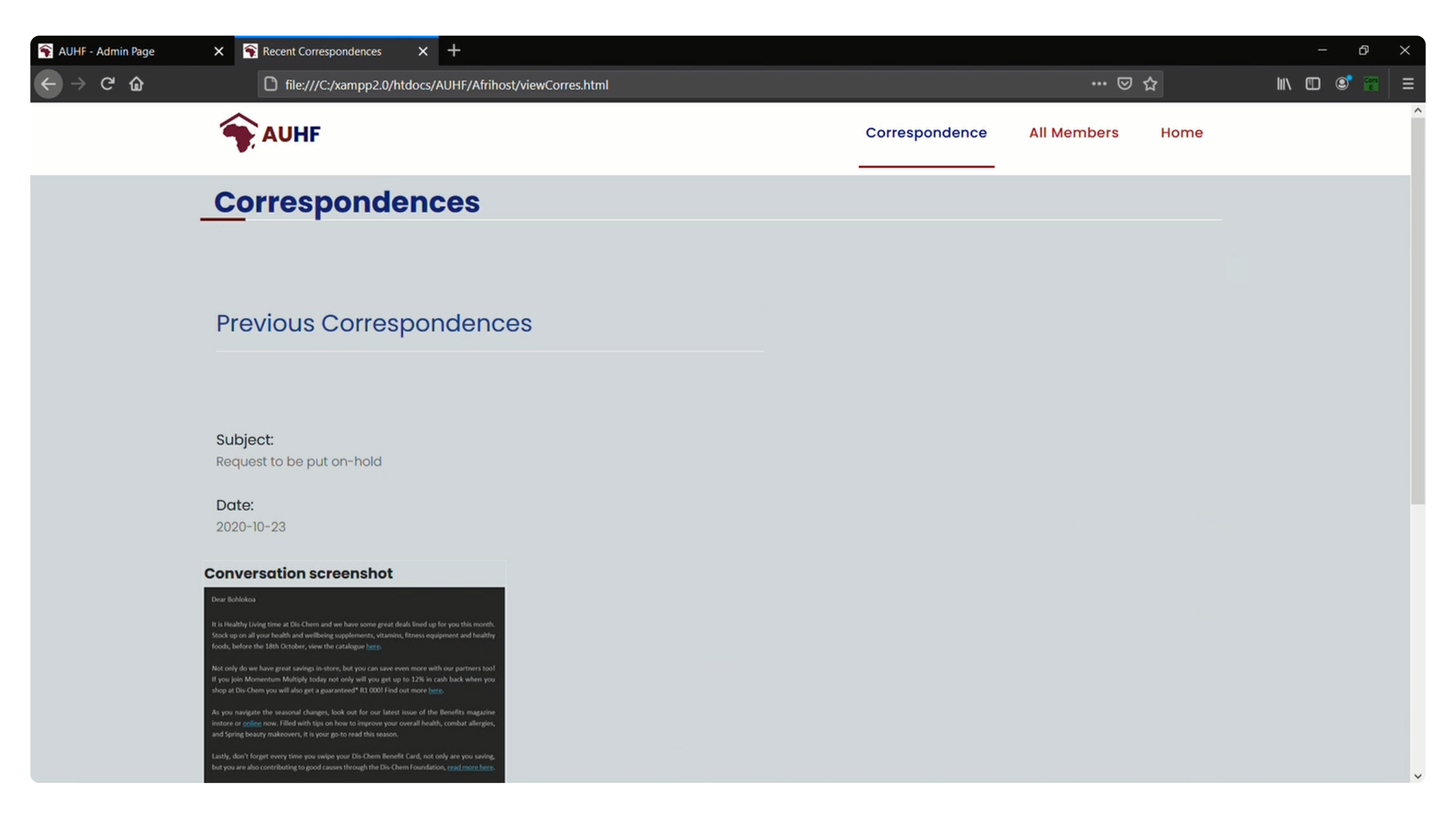 Viewing a stored correspondence