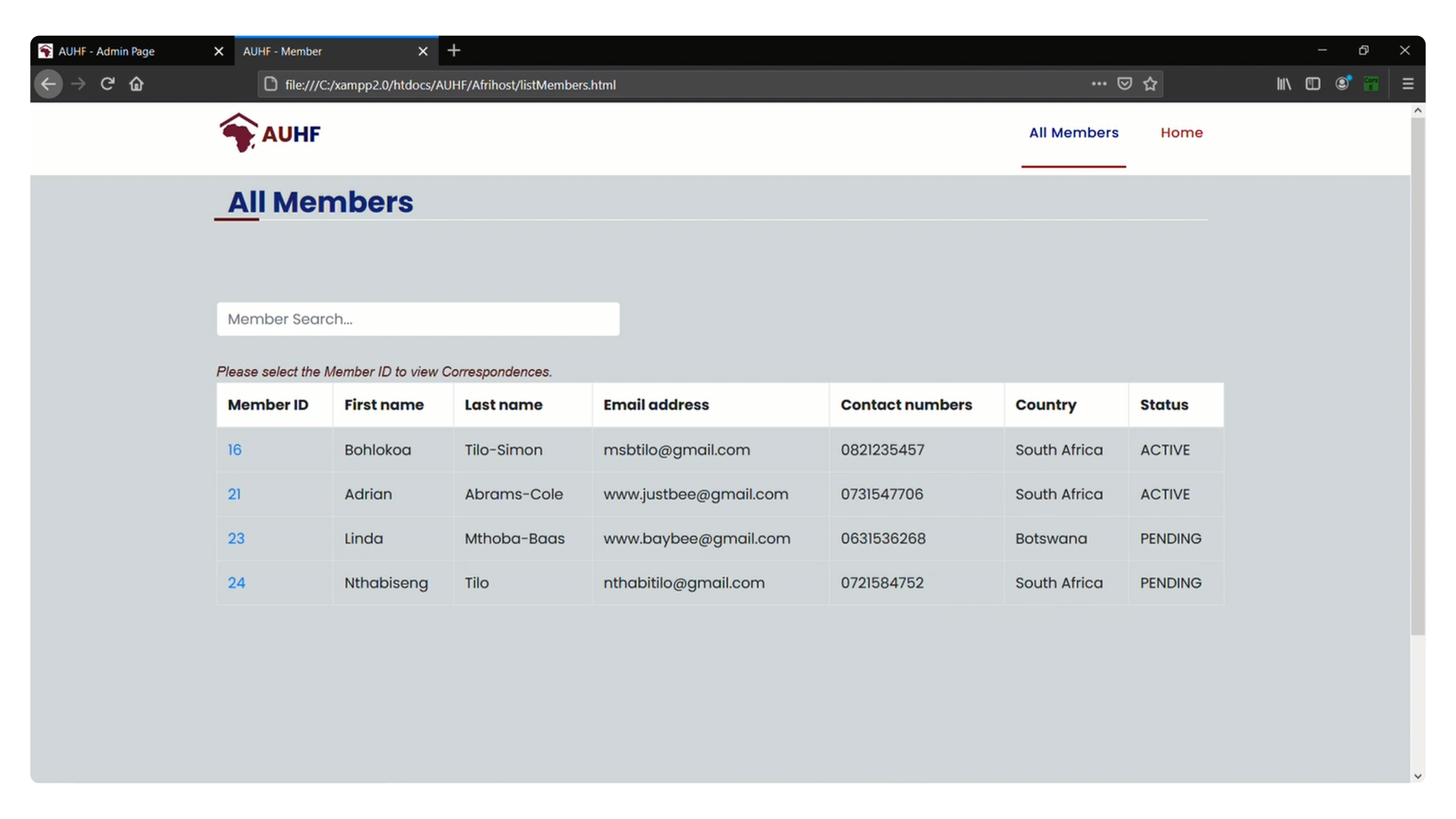 View of all members with details and searching