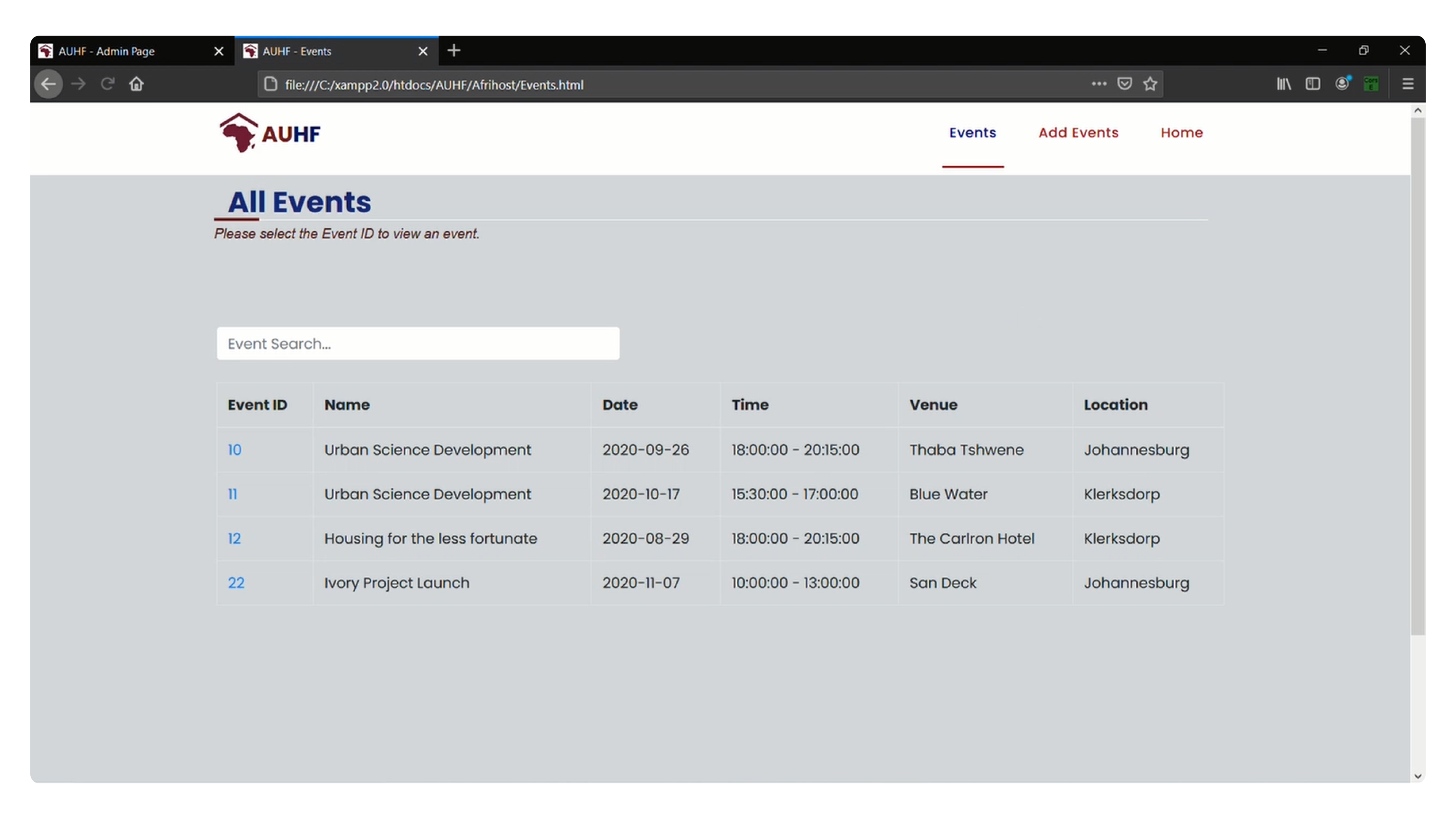 View of all events with details and searching
