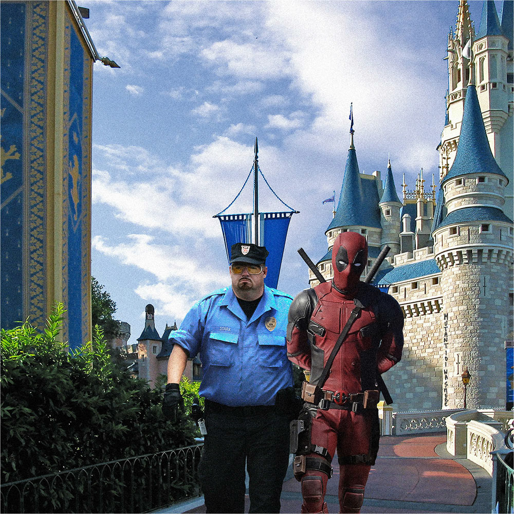 Illustration | Concept Deadpool being escorted out of Disneyworld Merger Announcement for 20th Century Studios | Ryan Reynolds by Mutant 101.