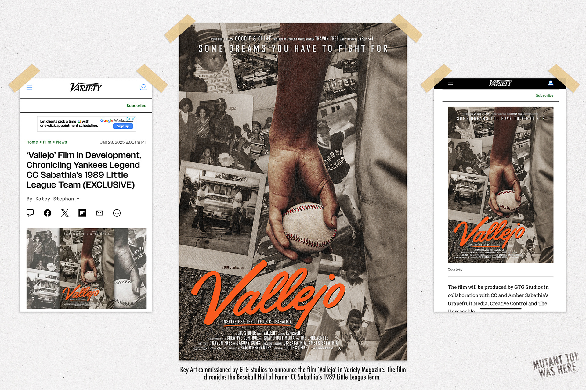 Key Art commissioned by GTG Studios to announce the film 'Vallejo' in Variety Magazine. The film chronicles the Baseball Hall of Famer CC Sabathia's 1989 Little League team.