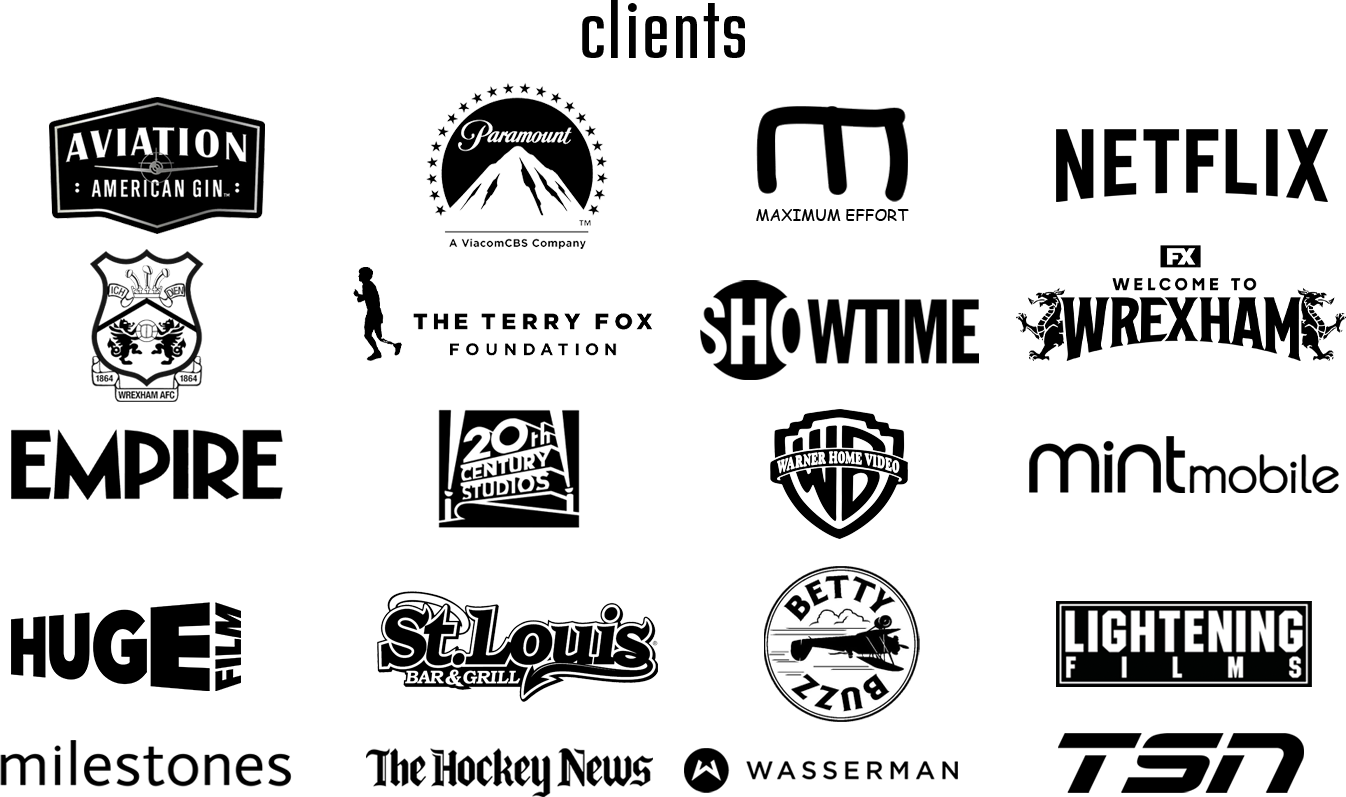 A listing of various clients, including Aviation Gin, Paramount Studios, Netflix, Wrexham AFC, Mint Mobile, that Mutant 101® has worked with.