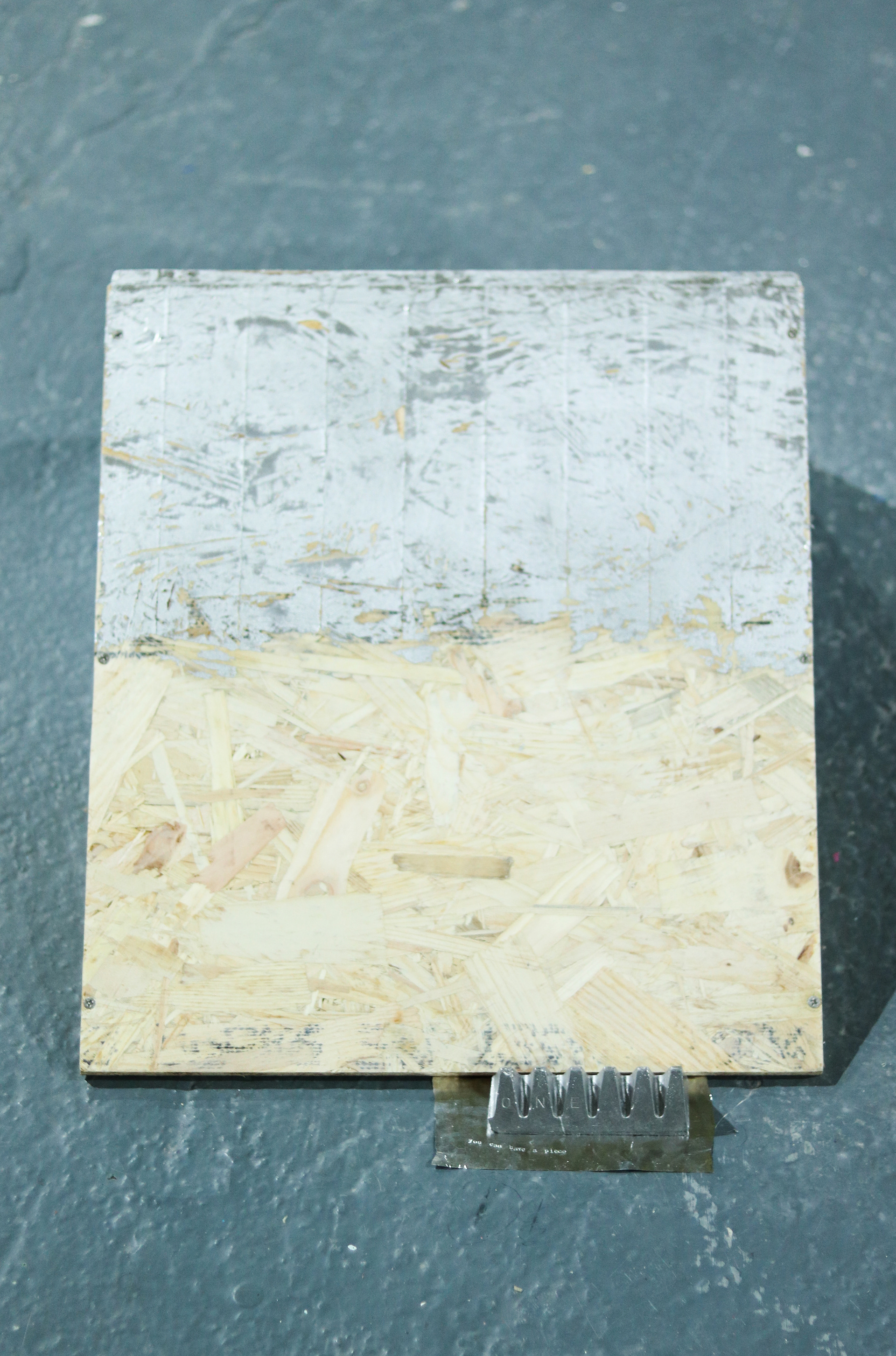 osb shelf, aluminium tape, aluminium toblerone, aluminium foil with text