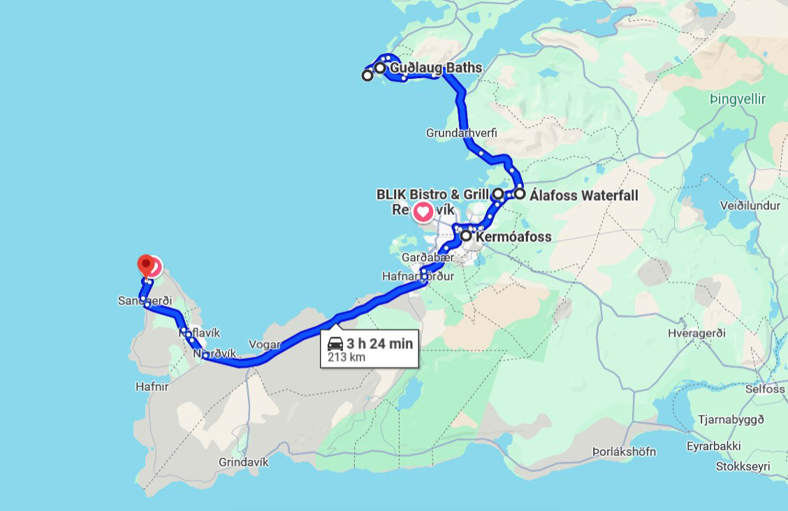 Dia 4: Sandgerdi - Kermoafoss - Mossfellsbaer  - Alafoss - Akranes - Sandgerdi