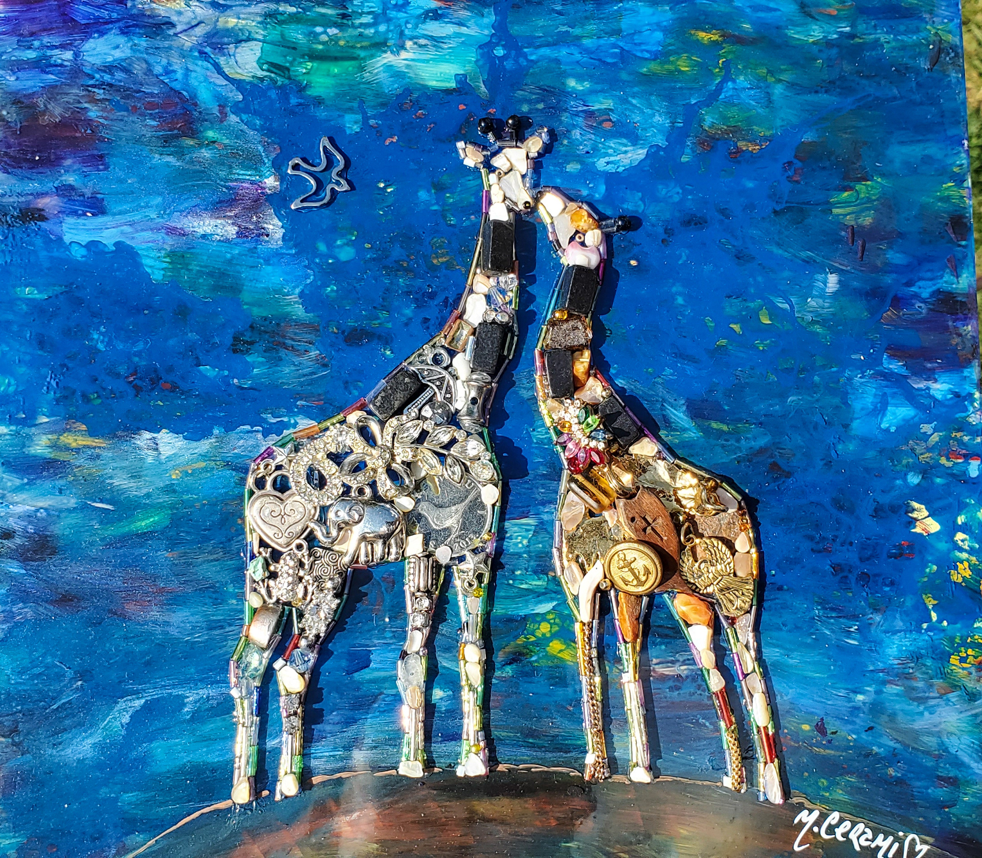 10.5 x 10.5in Giraffes - Background reverse-painted. Shadow box frame.
