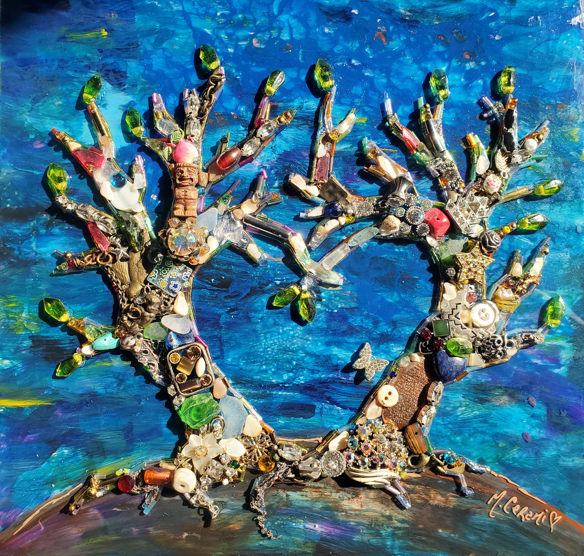 10.5 x 10.5in Framed Heart trees. On painted acrylic panel