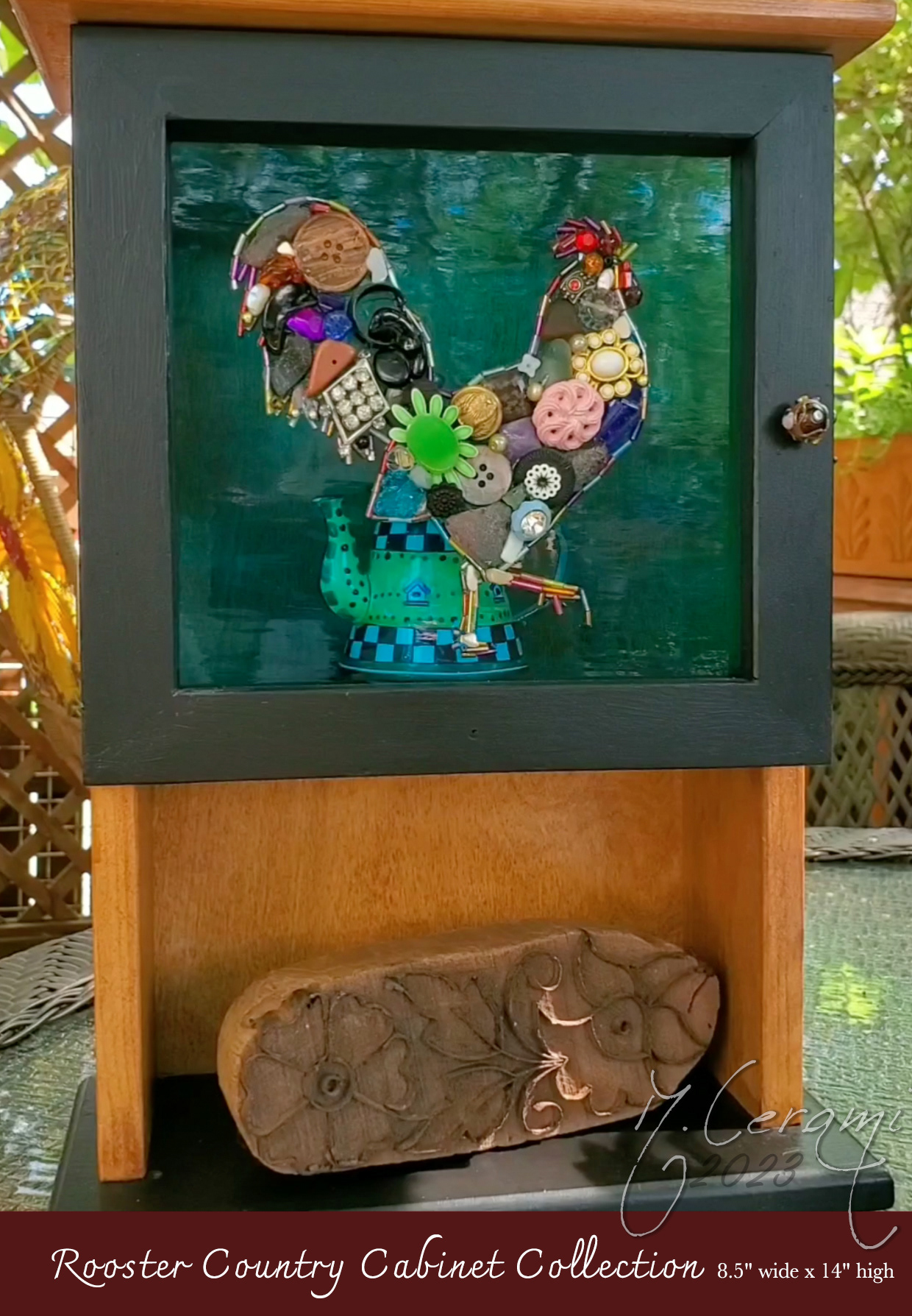 Stained glass refurrbished wood cabinet Rooster