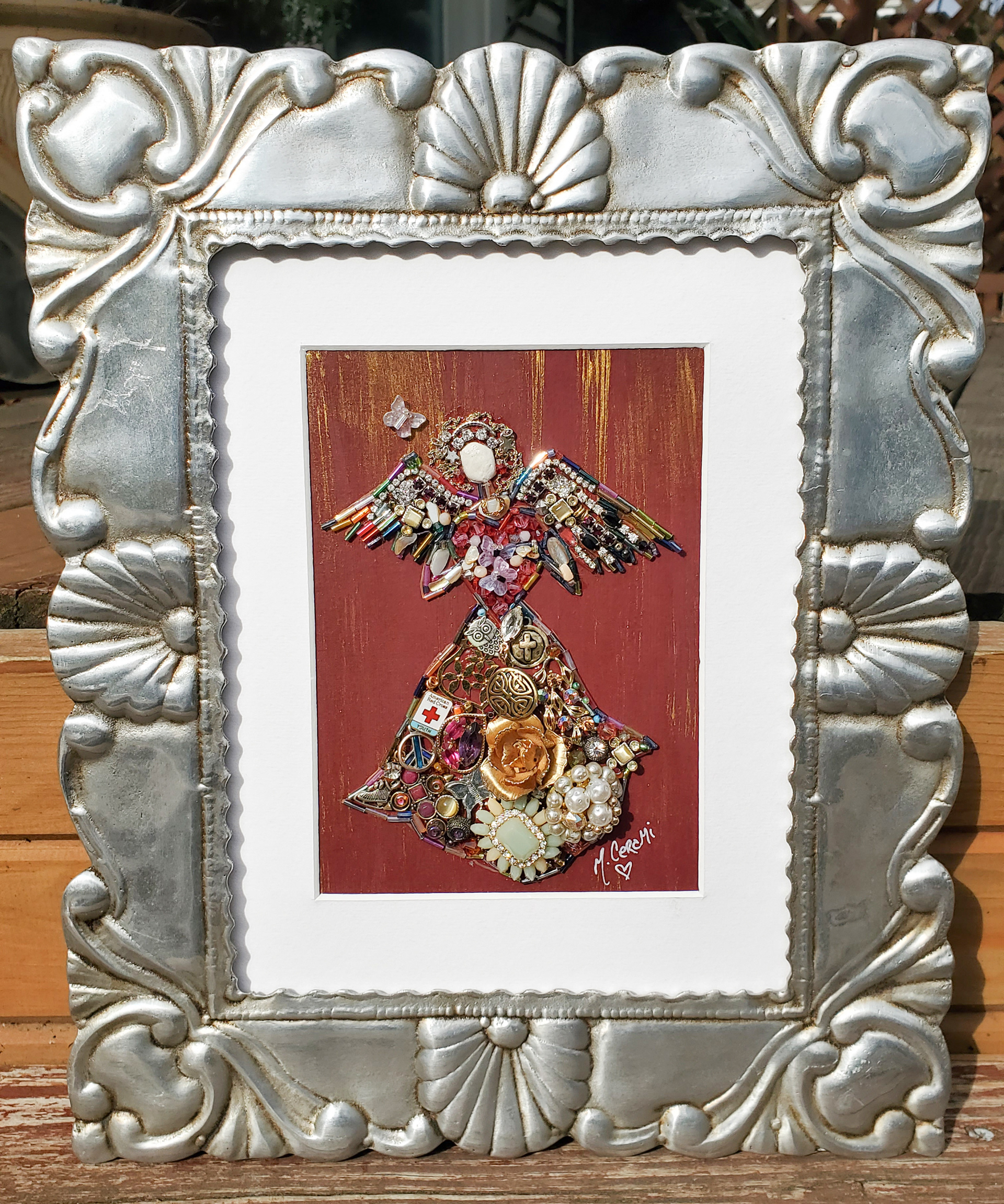SOLD - Jeweled Angel on Antique Mexican Pewter 9in x 11in frame