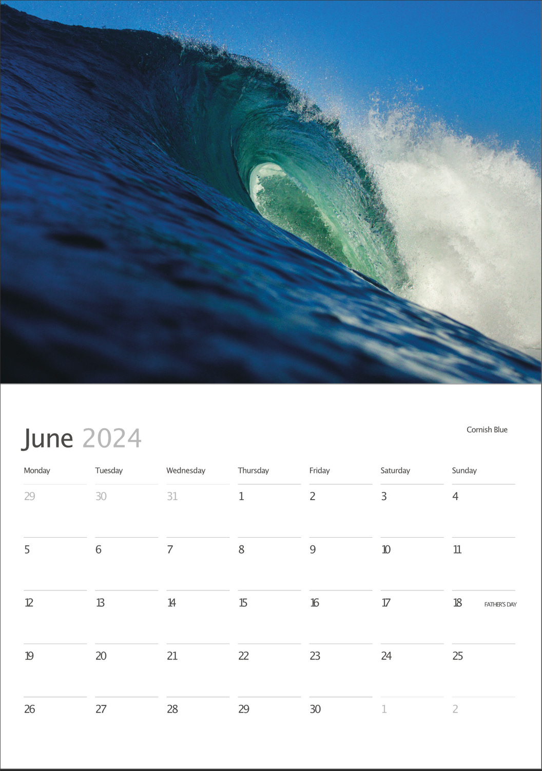 Surf in Cornwall calendar 2024 perfect blue wave
