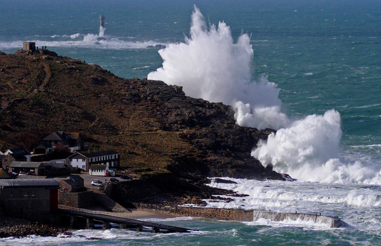 Sennen Cove hit by a storm wave