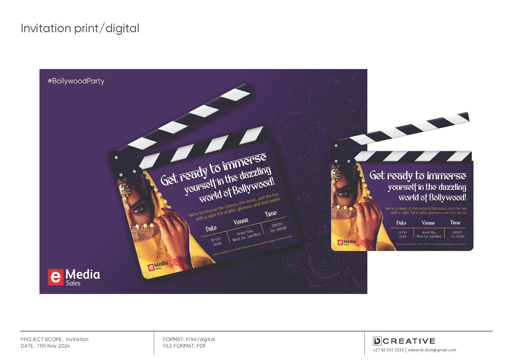 Invitation to a Bollywood event imagined as a film clacker.