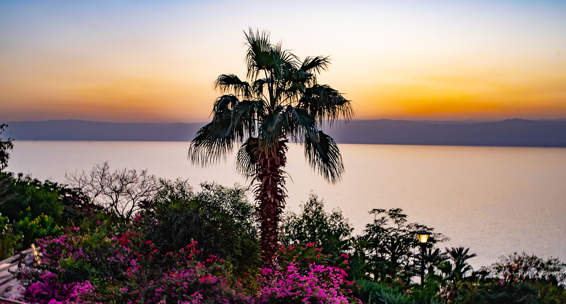 Sunset over the Dead Sea with the West Bank on the horizon